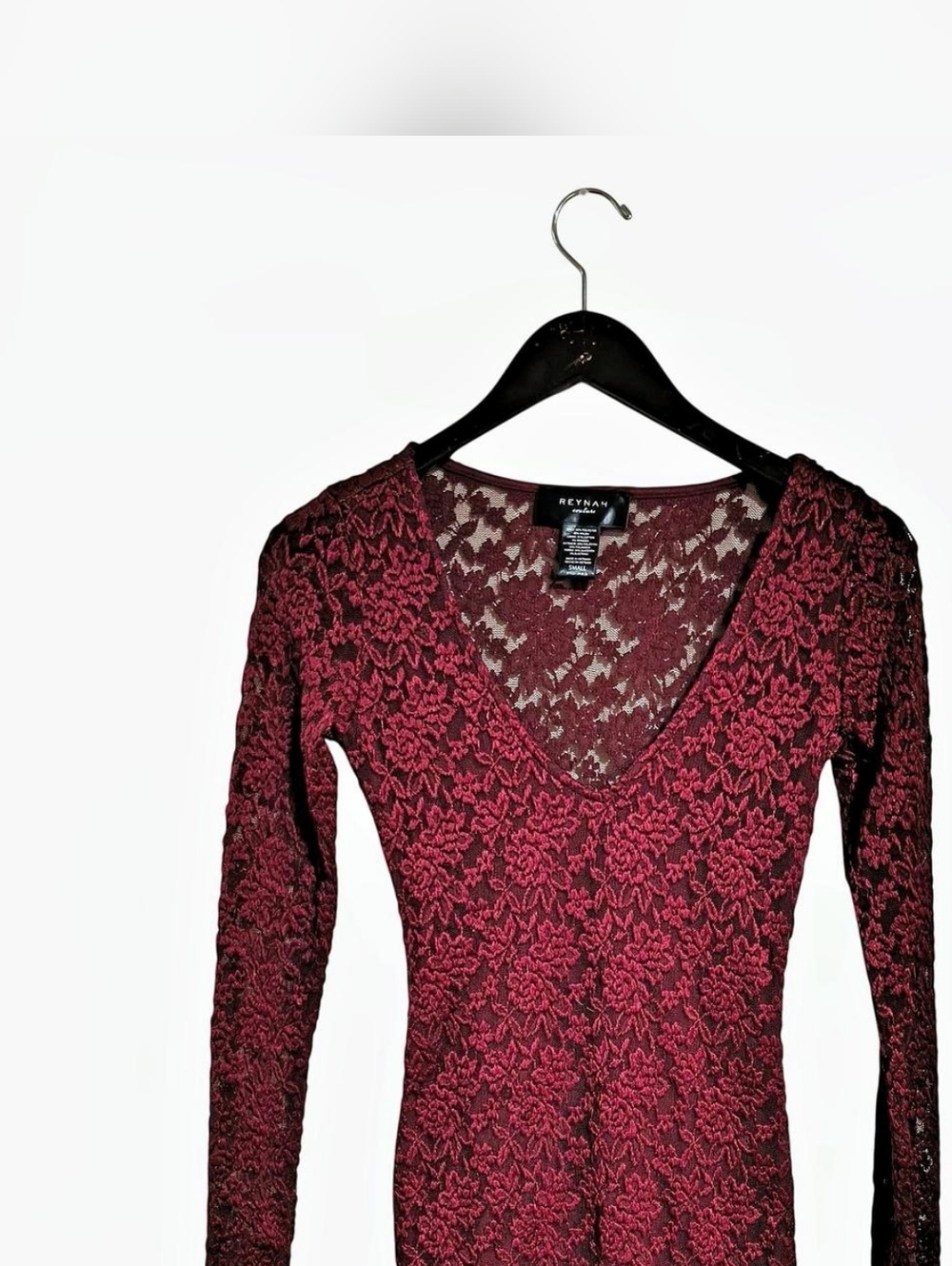 Burgundy lace long sleeve bodycon mini dress with V-neckline
